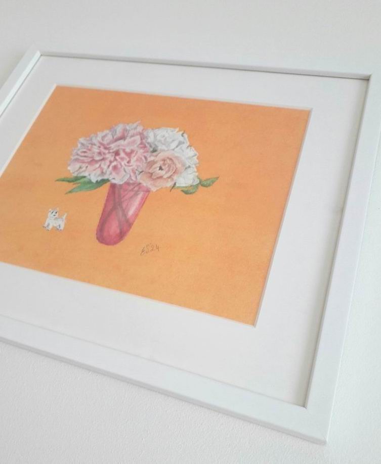 Peony Flowers and Dog - framed